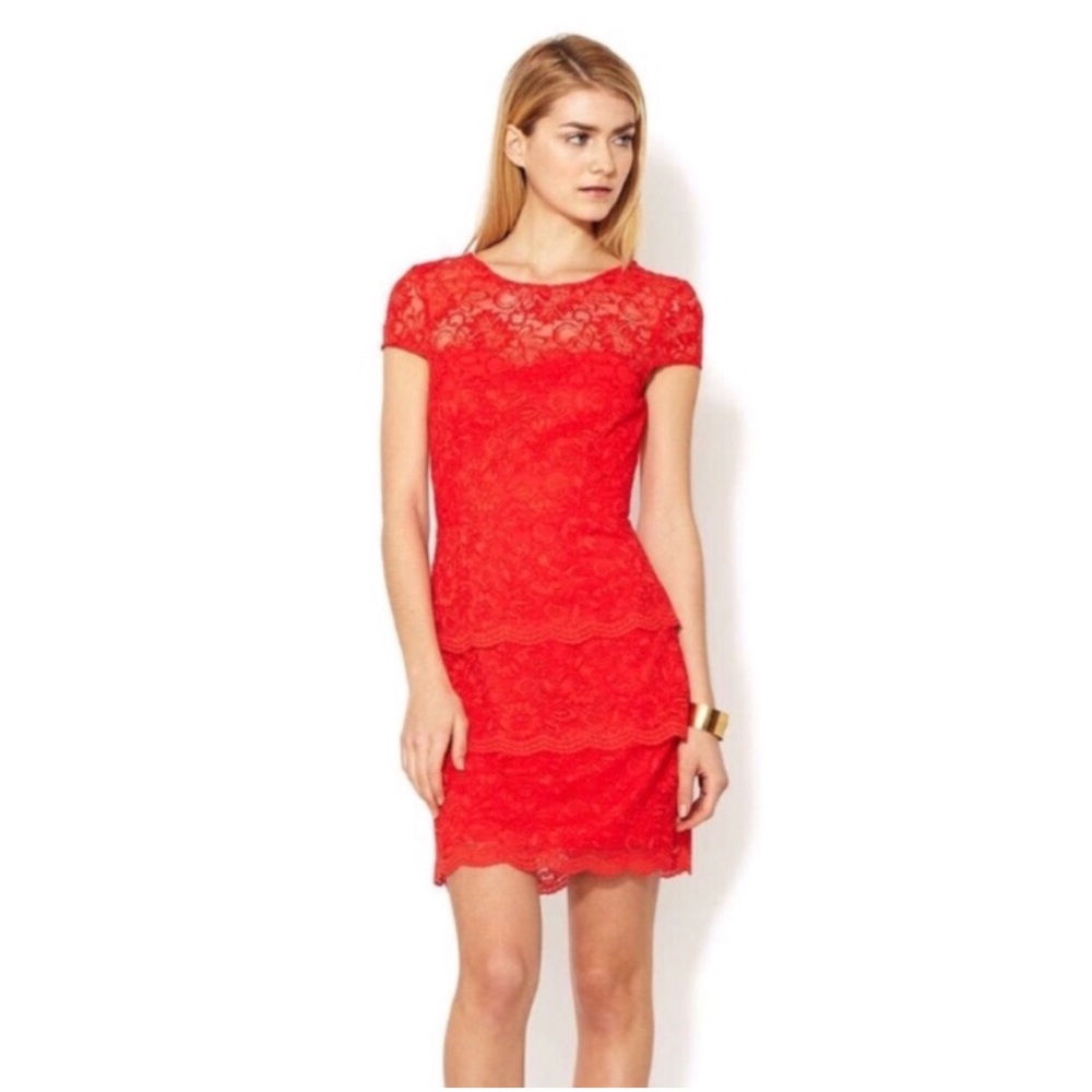 Cynthia Steffe Red Tiered Lace Scalloped Dress